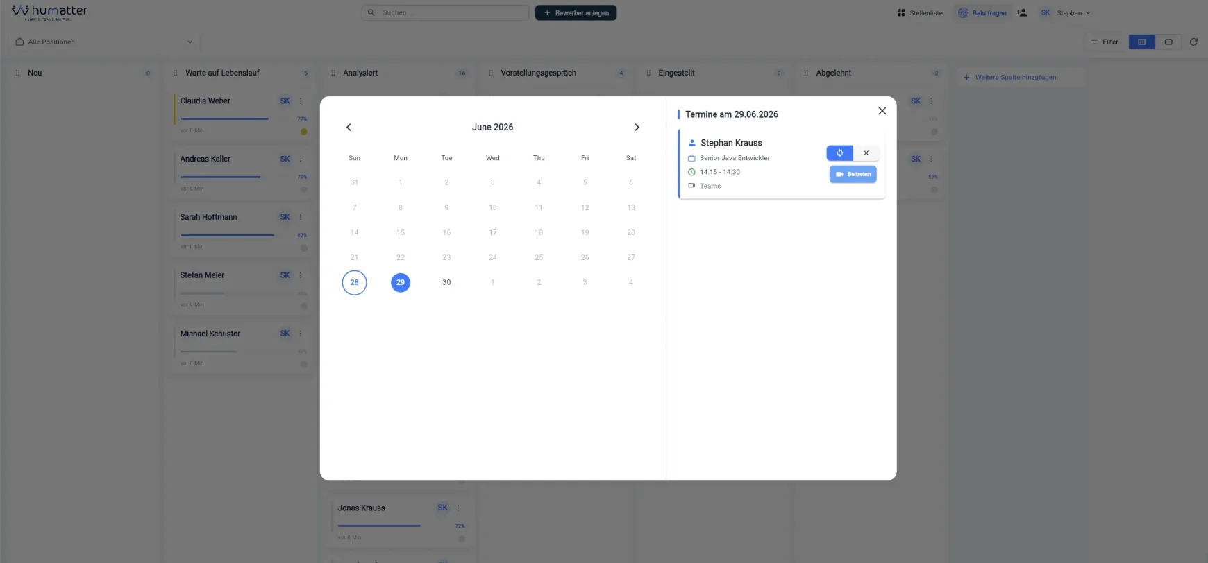 humatter Recruiter-Kalender mit Terminen