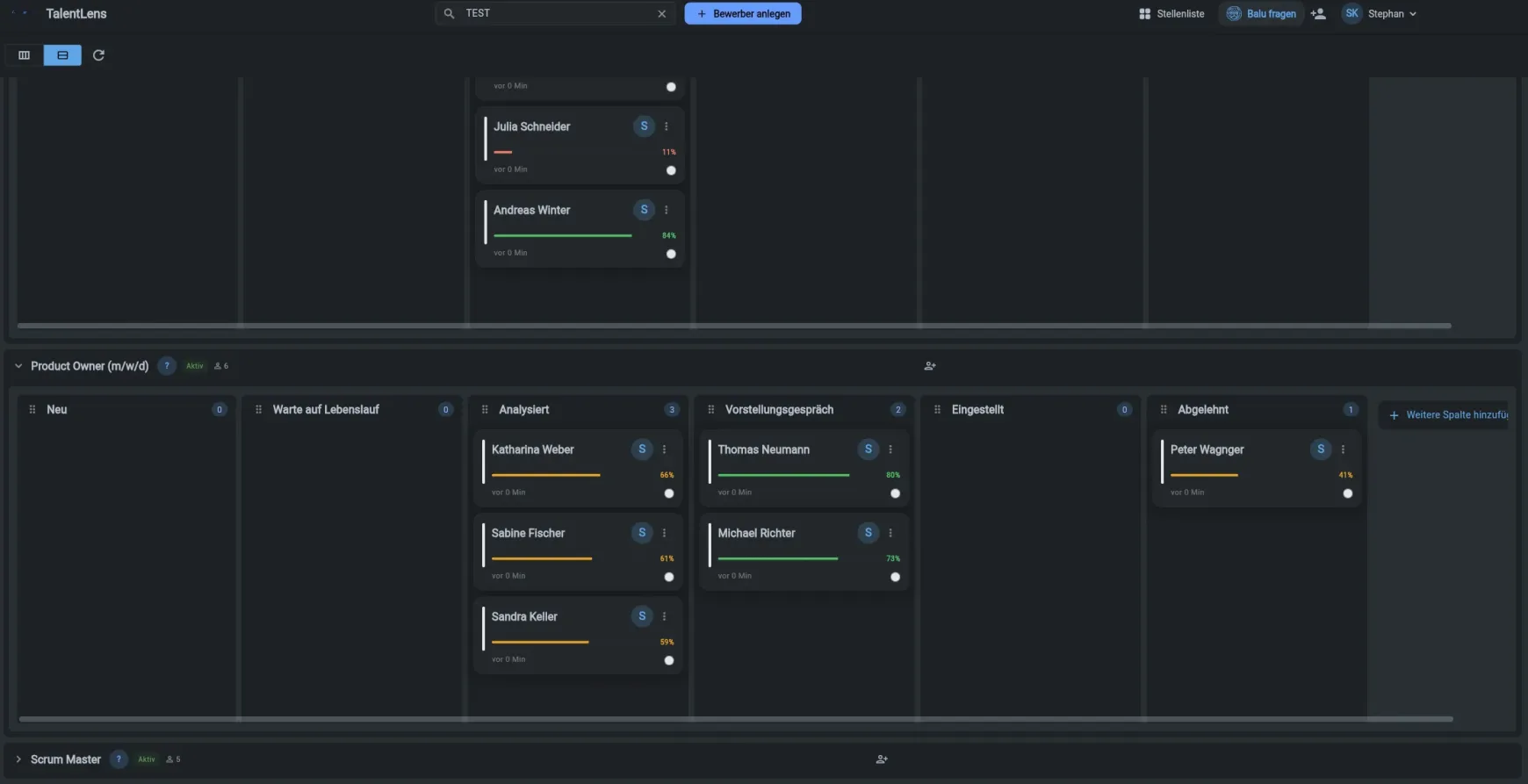humatter Bewerber-Board im Dark Mode