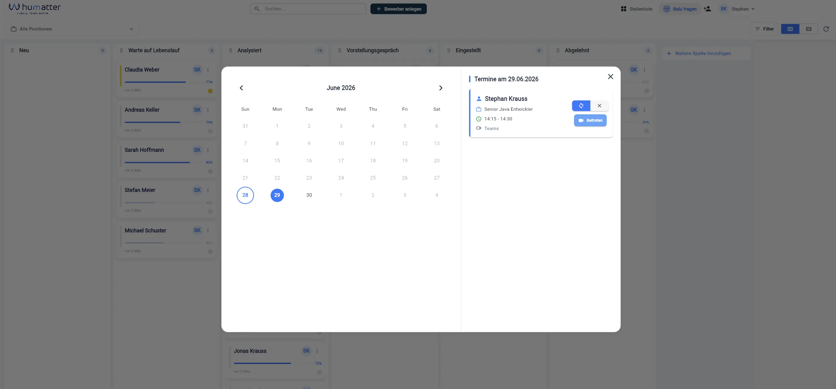 humatter Recruiter-Kalender – Verfügbarkeit und anstehende Termine